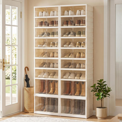 Tykacna Foldable Shoe Rack Organizer with Magnetic Clear Doors, 9 Tier Collapsible Shoe Storage Cabinet, Large Plastic Portable Shoe Box with Wheels for Closet, Entryway, Bedroom, Fits 18 Pairs