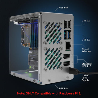 Pironman 5 NVMe M.2 SSD PCIe 2.0/3.0 Mini PC Case for Raspberry Pi 5 Hailo-8L AI Accelerator with Tower Cooler+Dual RGB Fans, 0.96'' OLED Module, Safe Shutdown, Standard HDMI, RGB Effect