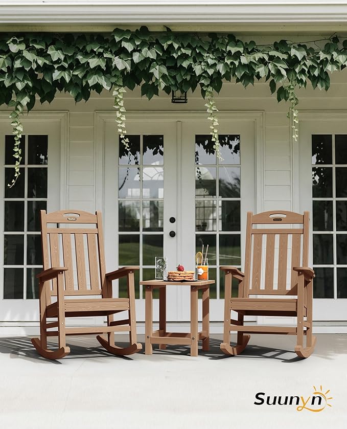 Oversized Rocking Chairs Outdoor Set of 2, High Back Porch Rocking Chair, HDPE All Weather Resistant Patio Chairs, 380lbs Weight Capacity, Teak