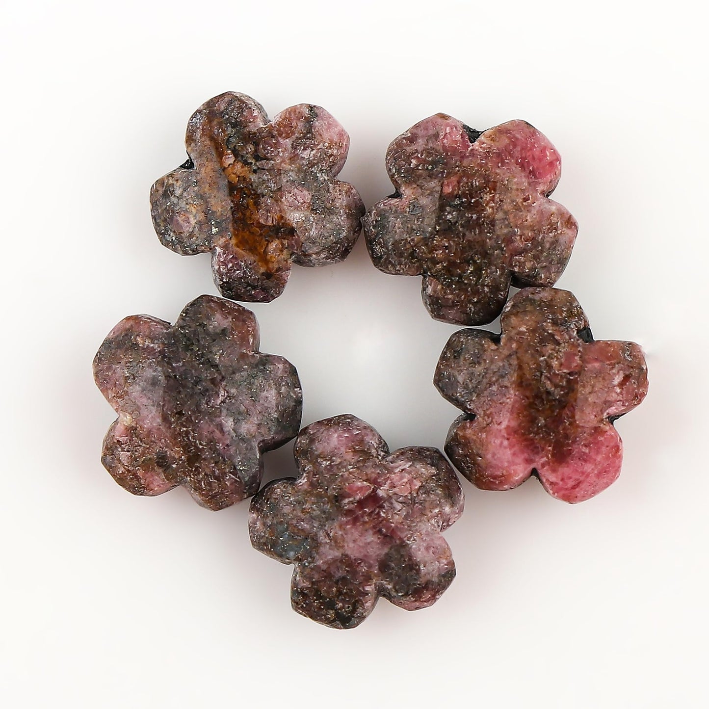 CRYSTALINES 5pcs, Wholesale Natural Rhodonite Gemstones, Bulk Flower Shape Stones, Assorted Loose Supply, DIY Craft-Jewelry Making, Chakra Healing Crystals, Gem Collection, 10-12mm