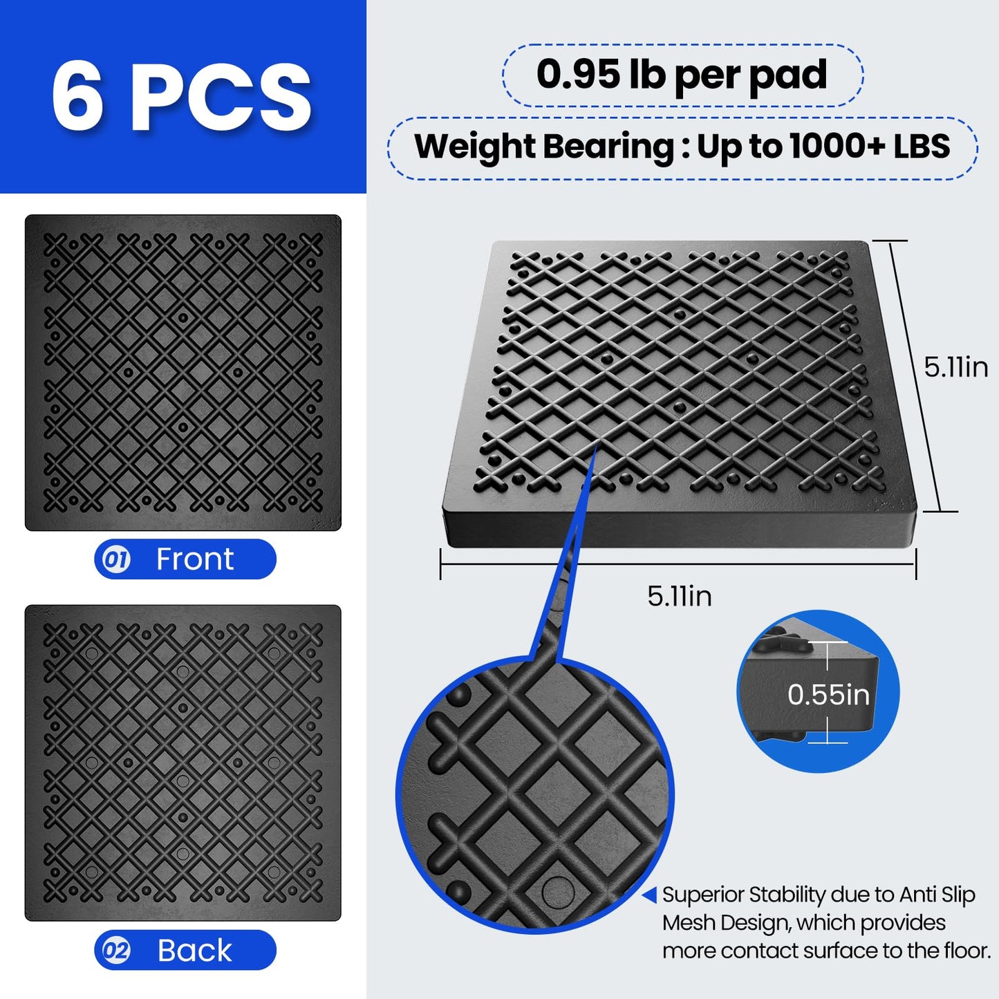 Exercise Equipment Mat 5.11x5.11x0.55in 6pcs, Heavy Duty Thick Steel Embedded Rubber Mat, Anti Slip/Noise Reduction/Vibration Resistance, Treadmills Equipment Pads, Used for Carpets, Wooden Floors