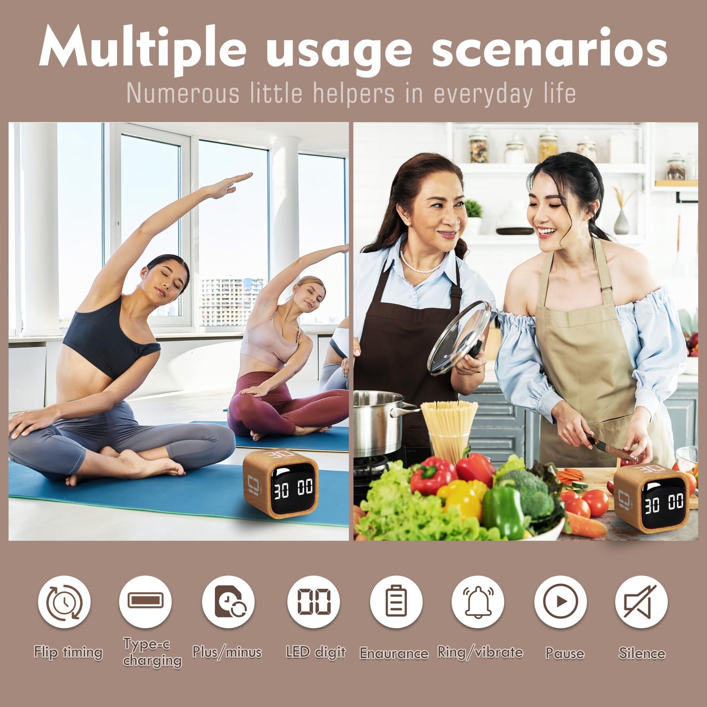 VEWINGL Cube Productivity Timer, 5/10/30/60 Min Presets + Custom Countdown, Silent/Vibrate/Sound Alarm, Pause & Resume, Desk Timer for Work, Study, Tasks, Kitchen