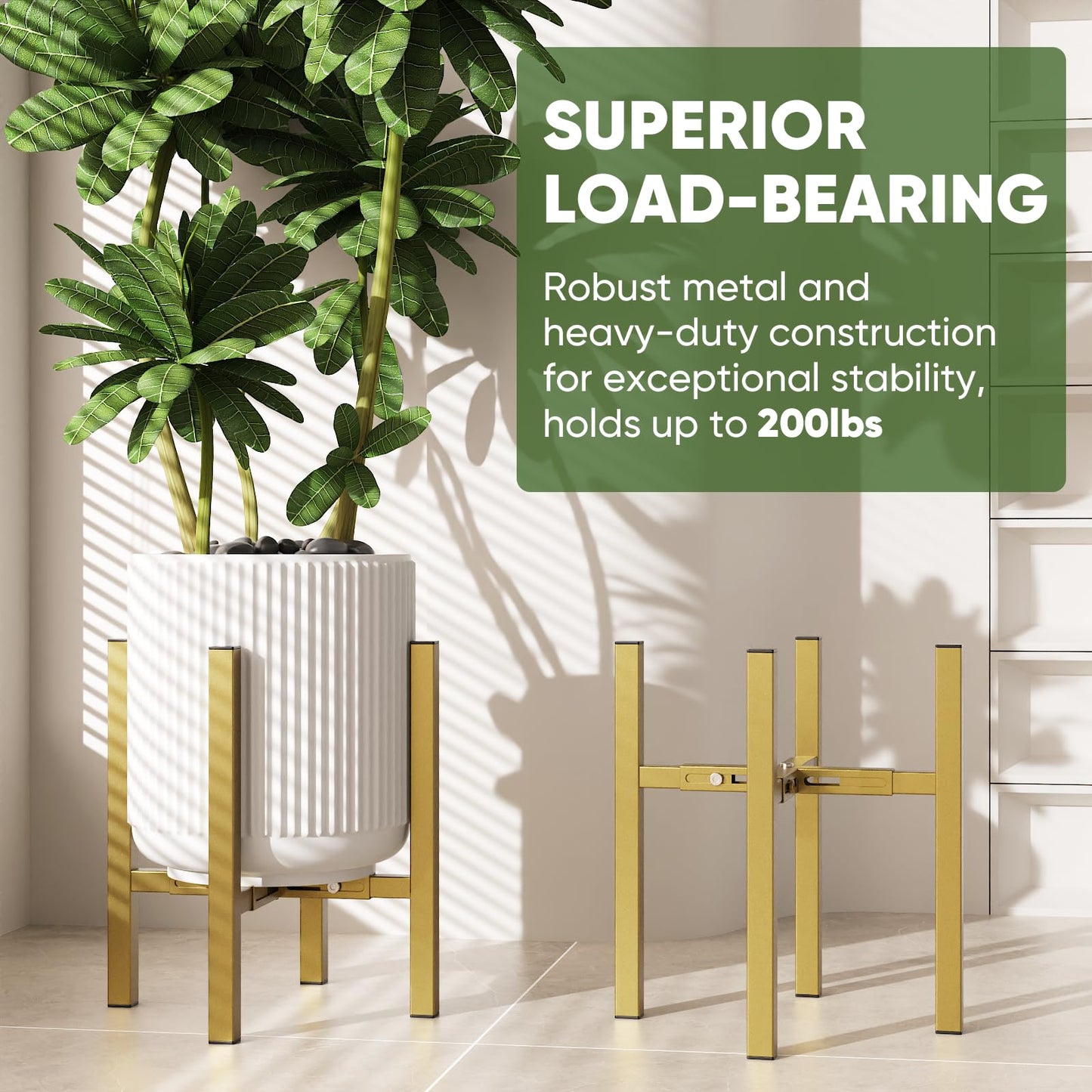 MUDEELA Plant Stand for Indoor and Outdoor: Adjustable Width Fits for 8-12 Inch Pots - Metal Heavy Duty Plant Stand Holder Up to 200lbs, 14.2 Inch Single Tier Planter Stand (Without Pot) (Gold, 1 Pack)