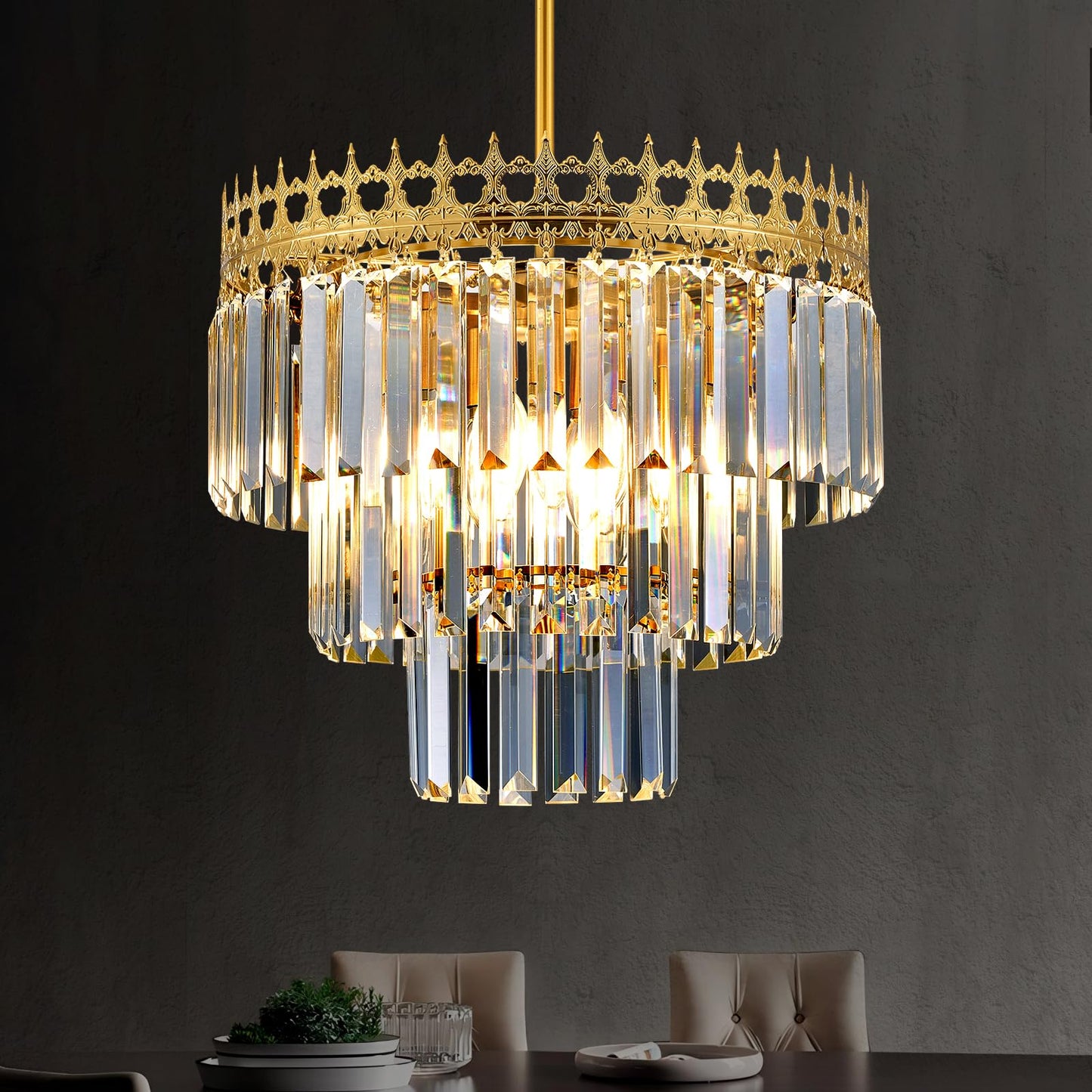 KPIOK 16'' Gold Crystal Chandelier,6-Light Modern Chandeliers for Dining Room,3-Tiers Round Metal Pendant Light Fixture for Kitchen Island Living Room Bedroom Entryway