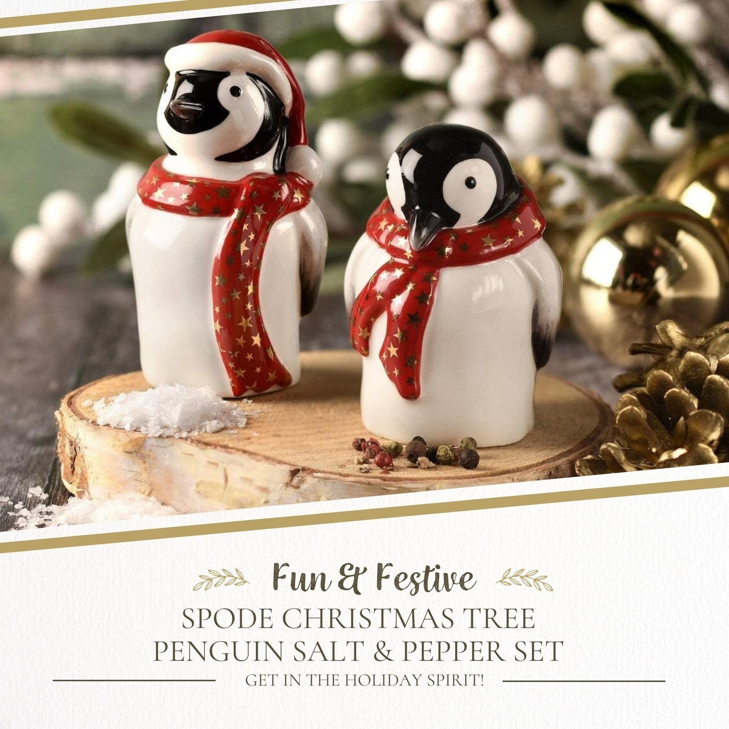Spode Christmas Tree Salt & Pepper Set, Mr & Mrs Penguin Winter Themed Shakers, Holiday Table Décor, Festive Home Accents, Stocking Stuffer Gifts, Seasonal Kitchenware