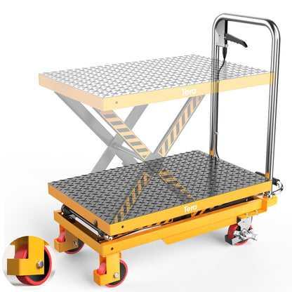 Tera Foldable Hydraulic Lift Table Cart: 330lbs Capacity 28.5" Lifting Height Single Scissor Lift with Non-Slip Pad Anti-Collision Wheels Thickened Scissors for Material Handling and Transportation