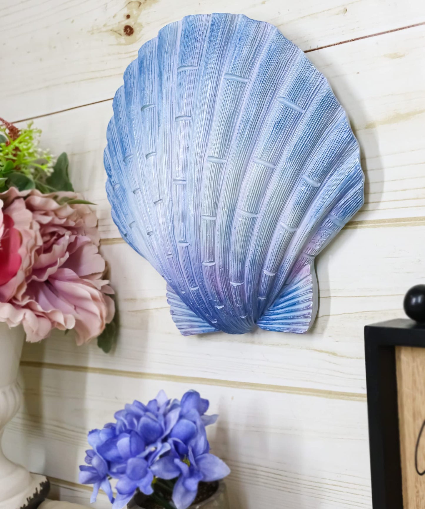 Ebros Gift Nautical Ocean Marine Life Aqua Blue Scallop Shell Seashell Exotic Shabby Chic Wall Decor Figurine 8.25" L Decorative Sculpture Vacation Beach Sea Home Prop Accent