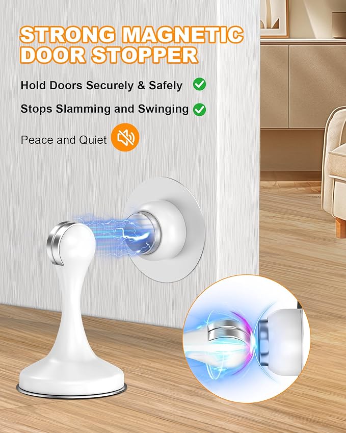 Crosize Magnetic Door Stoppers 6 Pack, Stainless Steel Door Stops for Wall and Floor Mounting, Door Holder Keep Door Open, No Drilling Door Stop with 3D Adhesive Tapes, White