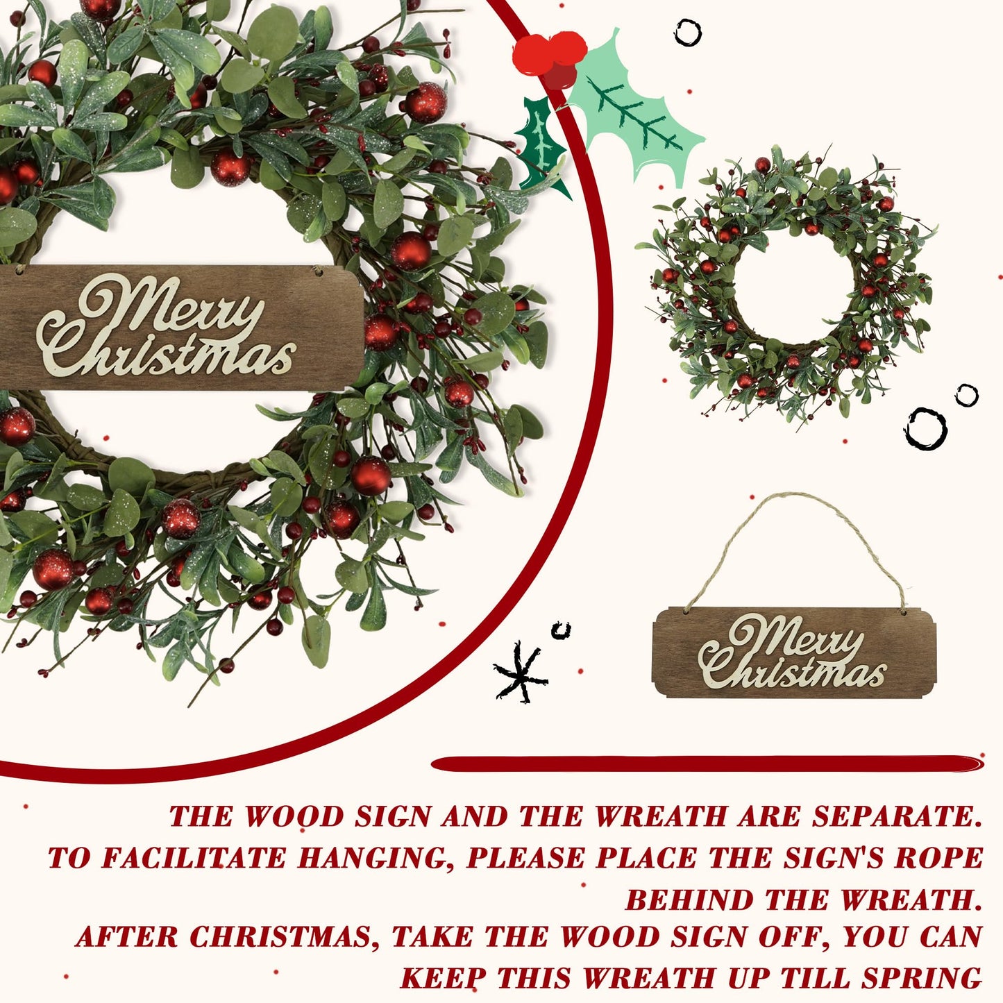 YNYLCHMX 20 Inch Christmas Wreath for Front Door, Winter Wreath with Welcome Sign Eucalyptus leaves Red Berry, Artificial Door Xmas Wreaths for Window Wall Fireplace Farmhouse Holiday Party Decoration