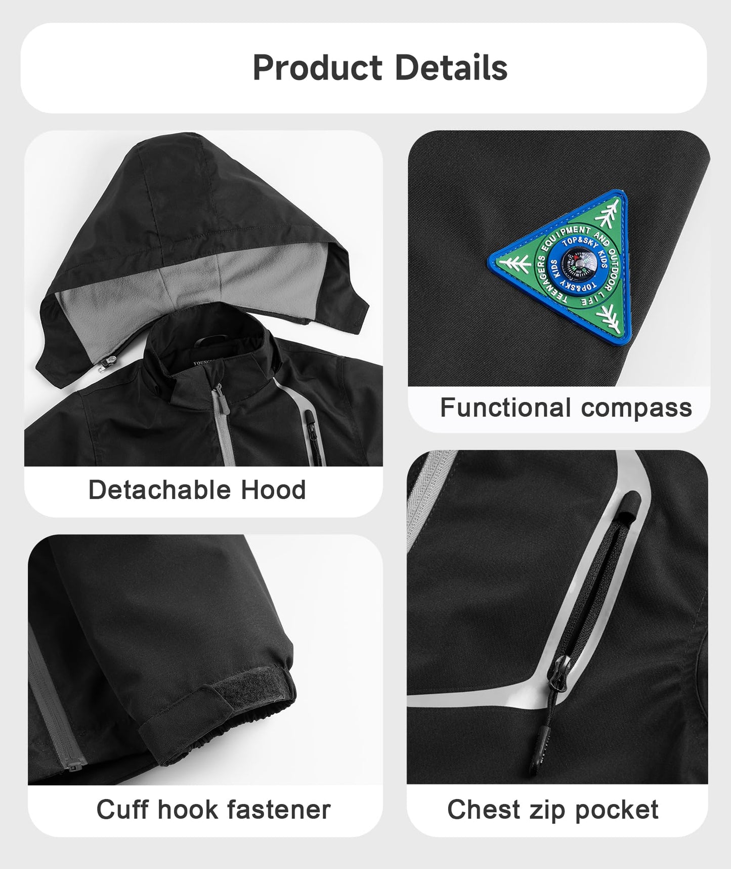 YoungSoul Boys Girls Waterproof Jackets Kids Lightweight Fleece Lined Raincoat School Coats with Detachable Hood Black 10-11 Years