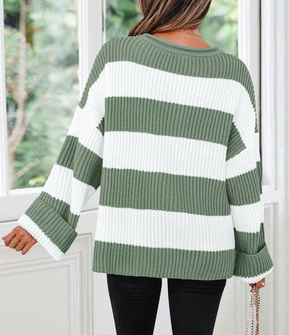 ZESICA Women's 2025 Fall Long Sleeve Oversized Striped Color Block Comfy Loose Crew Neck Knitted Pullover Sweater