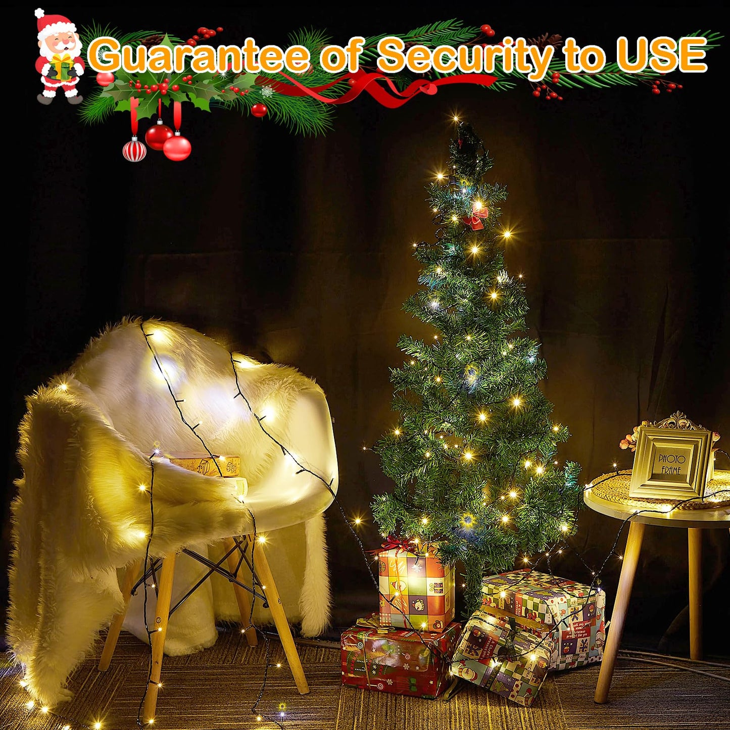 Decute 300LED Christmas String Lights Outdoor Waterproof 105FT UL Certified with End-to-End Plug 8 Modes, Warm White Indoor Starry Fairy Lights for Christmas Tree Patio Garden Wedding Party Decor