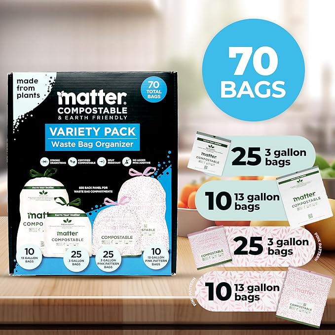 Matter Compostable Variety Pack 3 Gallon and 13 Gallon Kitchen Trash Bags