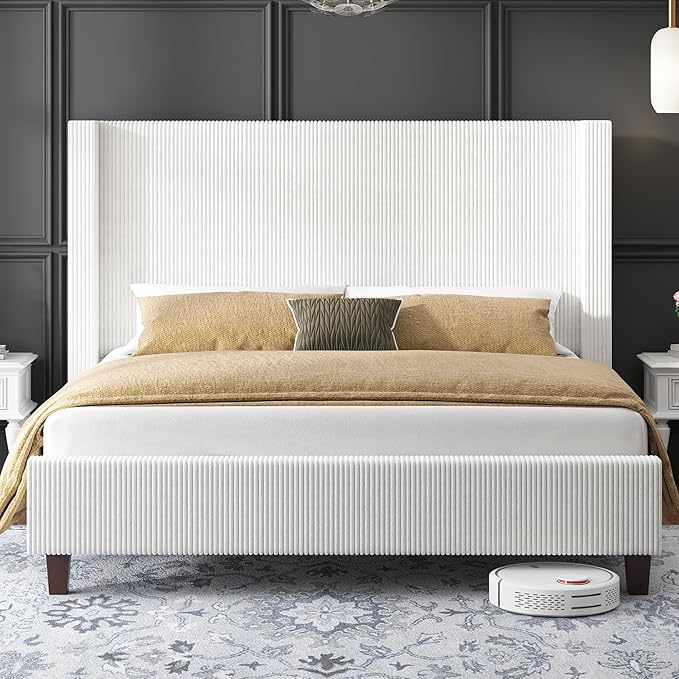 HOWE King Size Bed Frame with 50.8" Tall Wingback Headboard, Modern Corduroy