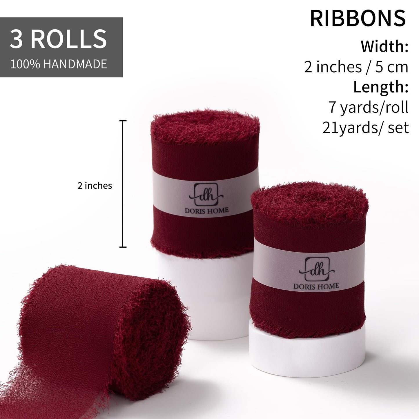 DORIS HOME Burgundy Chiffon Ribbon for Flower Bouquet, 2" x21Yd Fabric Ribbon for Gift Wrapping, Handmade Frayed Ribbon for Wedding, Chiffon Silk Ribbon for Christmas Decorations