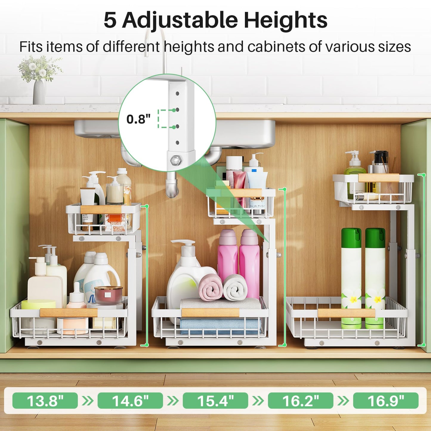 Under Sink Organizer, 2 Packs 2 Tier Under Sink Organizers and Storage, Slide out Pull out Cabinet Organizer Shelf, Metal Sliding Drawer for Kitchen Bathroom Pantry Cabinet Closet Organization Rack