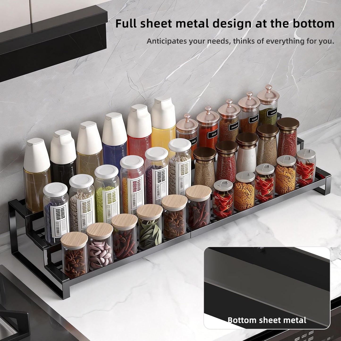 3 Tier Expandable Spice Rack Organizer, Heavy-Duty Black Metal Seasoning Organization Shelf for Cabinet, Kitchen & Pantry, Tiered Spice Shelf With Safety Lock, For Jars & Bottles, Countertop Storage