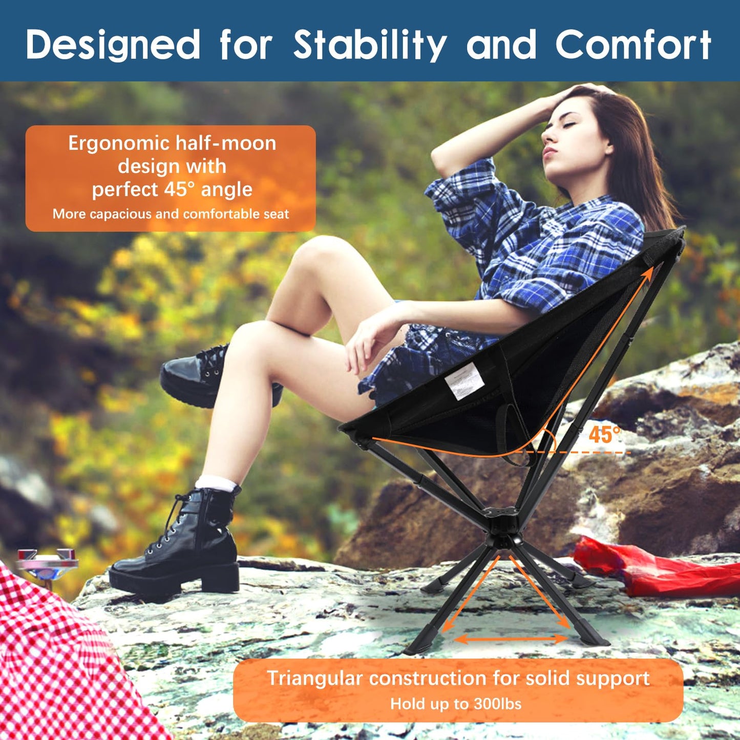 Raynesys Portable Camping Chair 2 Pack, 8 Seconds Quick Setup Folding Camping Chair, Flexible 360° Rotation, 3.8Lb Lightweight Travel Chairs for Easy Carry to Hiking, Sporting, Travel, Beach
