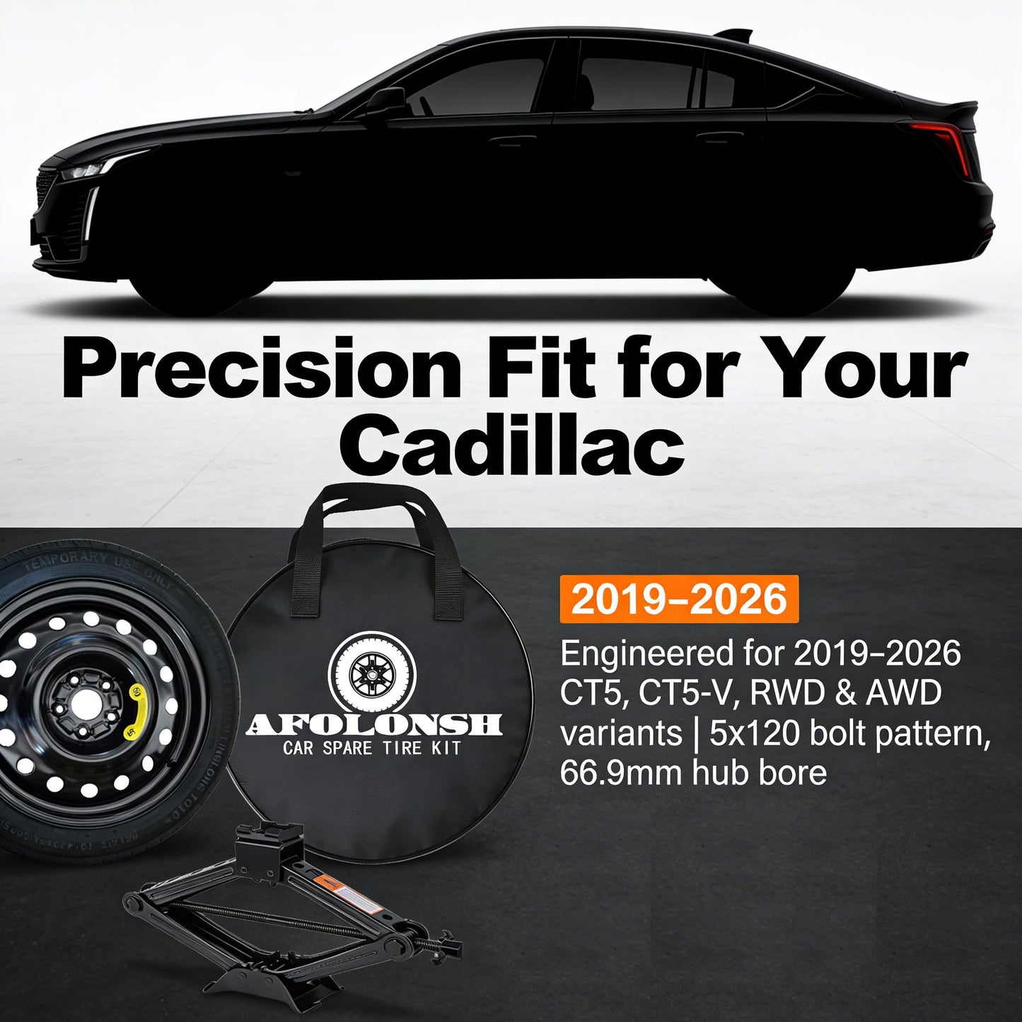 Afolonsh Spare Tire Kit Compatible with 2019-2026 Cadillac CT5 And CT5-V | 135/80R18 Spare Wheel on 18x4 Rim | 5x120 Bolt Pattern | 26.5" Rolling Diameter | Includes Car Jack Kit & Tire Carrying Case