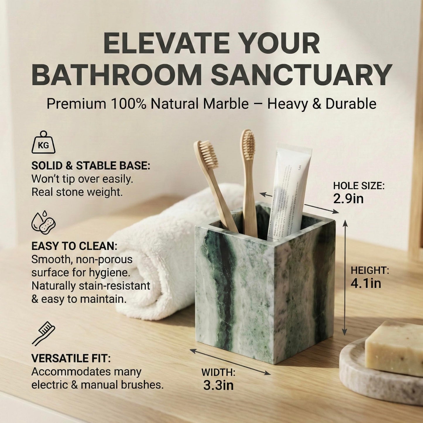 Marble Toothbrush Holder – 4.1" Genuine Stone Bathroom Cup for Makeup Brushes, Pens & Utensils | Natural Marble Organizer for Vanity, Countertop & Home Décor (Victoria Green)