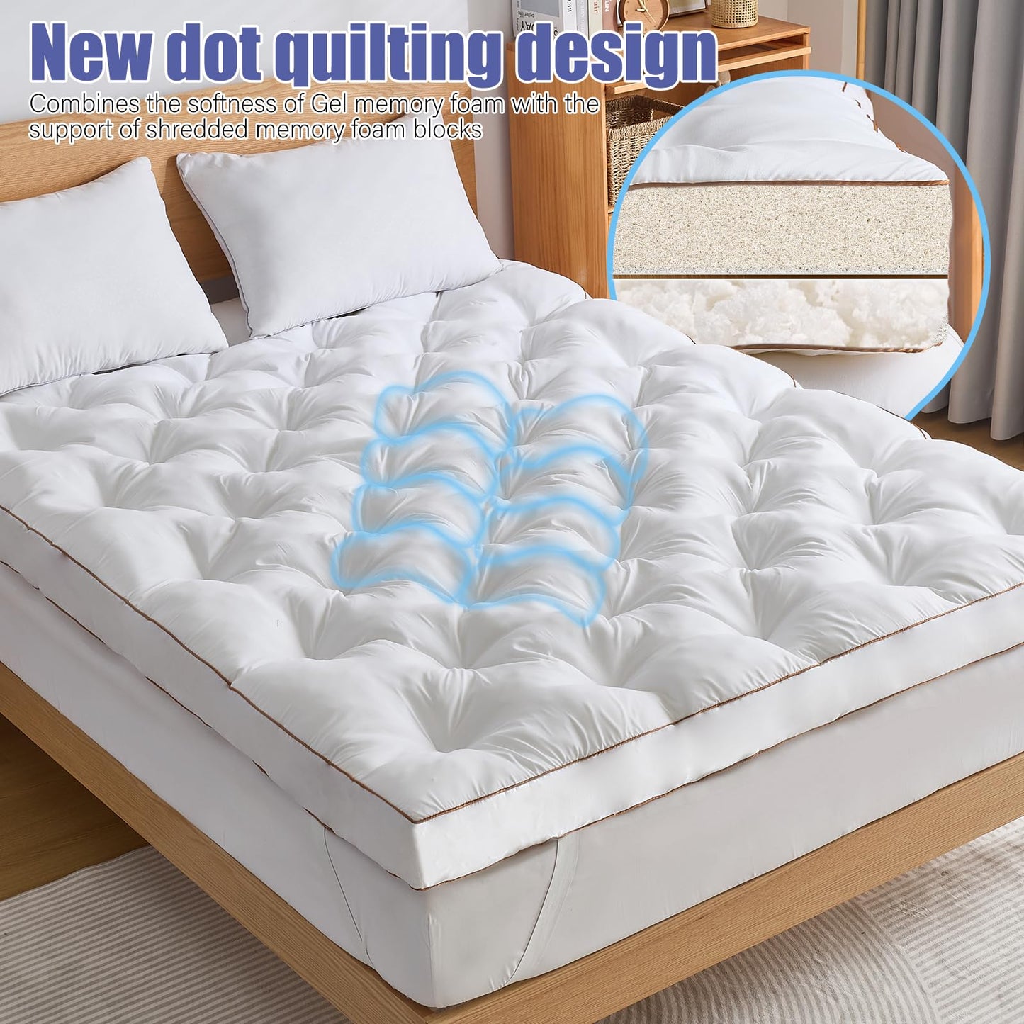 WhatsBedding 4 Inch Memory Foam Mattress Topper Queen for Back Pain Relief, Filled with Breathable Gel Memory Foam, Fluffy Comfort Supportive Pillow Top Mattress Topper, 80x60x4in