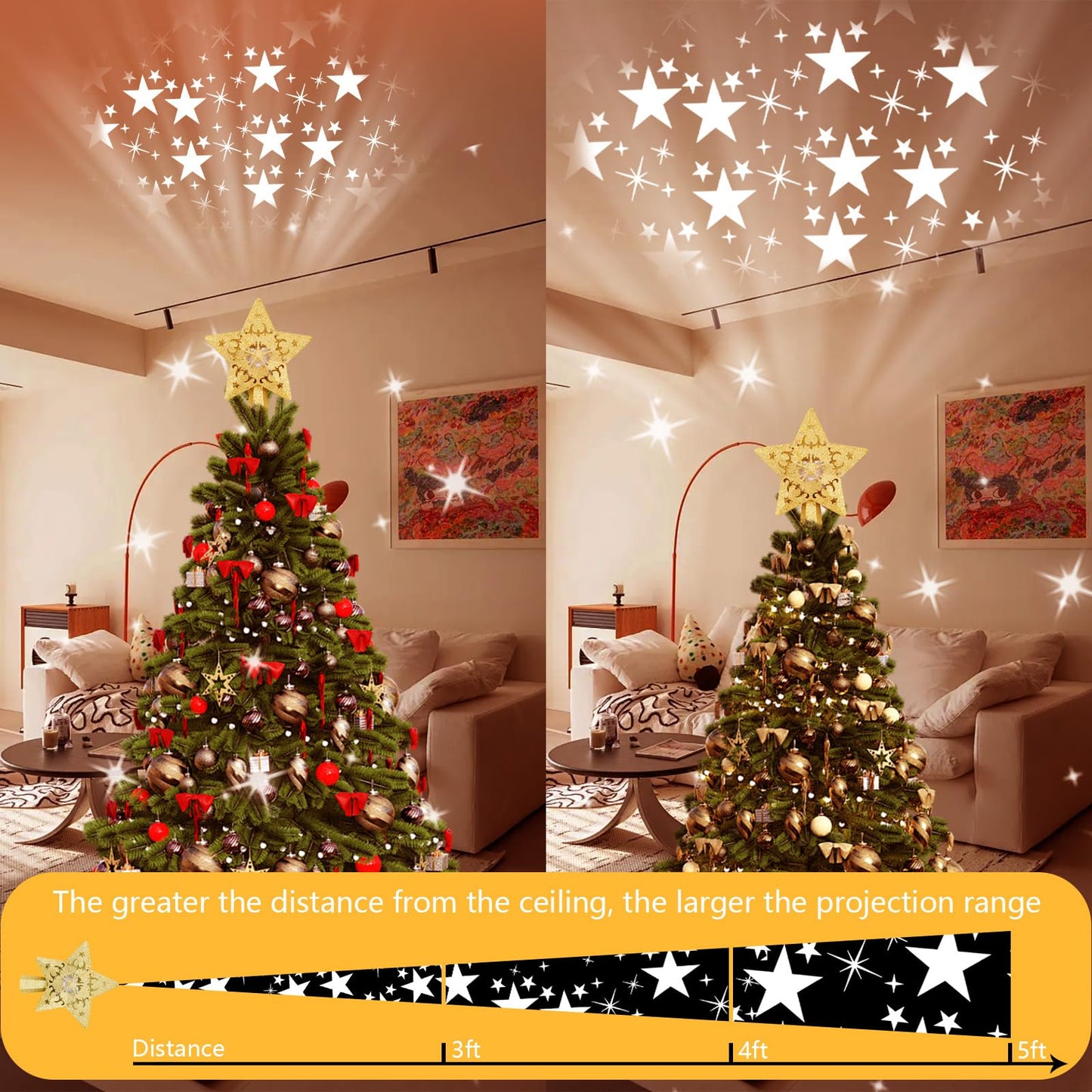 Christmas Star Tree Topper with Rotating LED Projector Lights, 3D Gold Glitter 5-Point Star, Plug-in Tree Top Ornament for Indoor Christmas Tree Decorations Holiday Decor