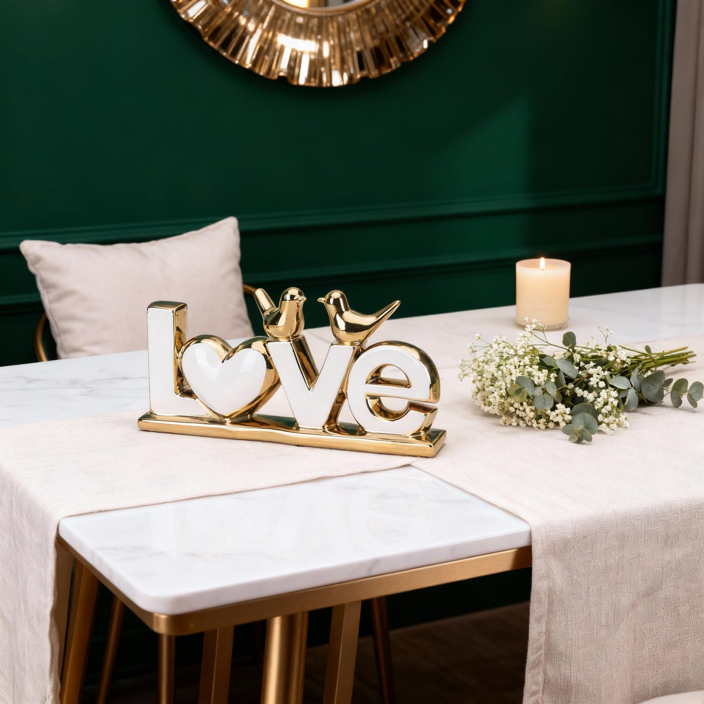DOVDOV White and Gold Ceramic Love Sign Sculpture with Heart and Bird Statues, Modern Home Decor Accents for Living Room Coffee Table, TV Stand, Entryway and Shelf, Wedding or Housewarming Gift