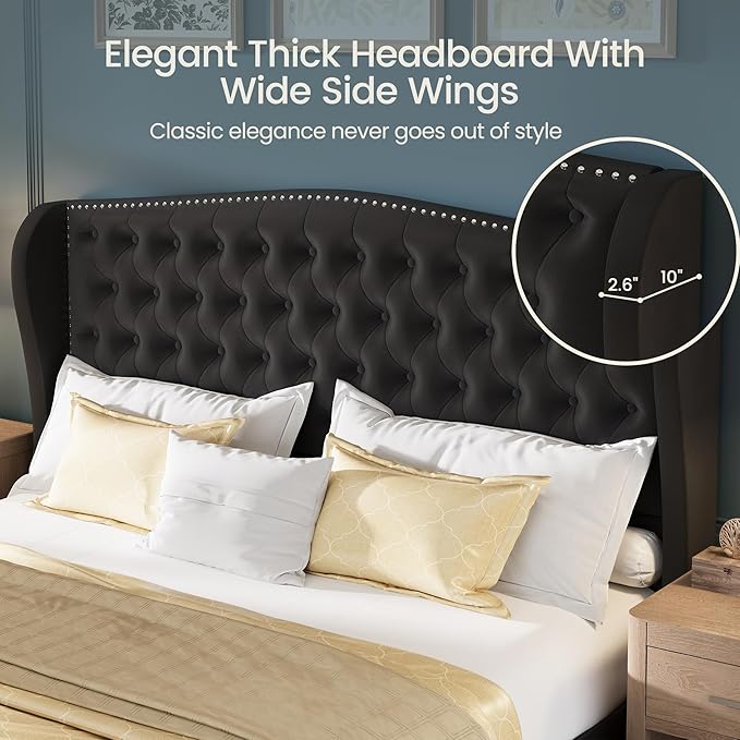 LARMACE King Size Bed Frame Velvet Upholstered Platform Bed
