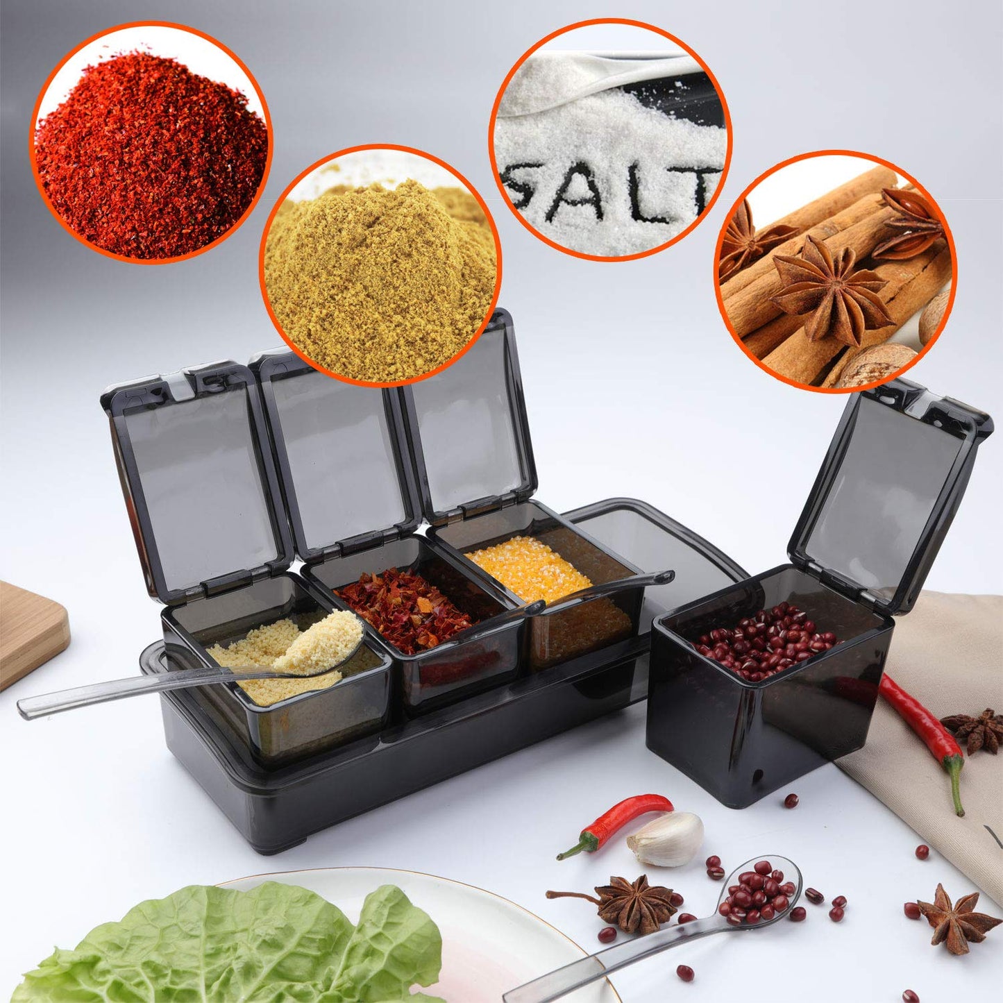 V·RESOURCING [ New Version Elegant Black Seasoning Box, 4 Pieces Seasoning Storage Container Cruet for Home Kitchen,Condiment Jars with Cover and Spoon for Pepper Spice Salt Sugar Storage