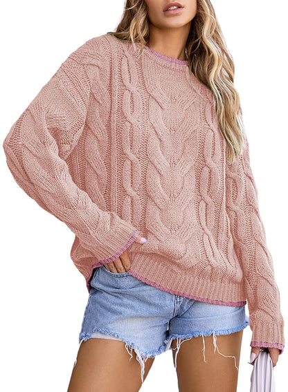 EVALESS Sweaters for Women Trendy Crewneck Long Sleeve Color Block Sweater Tops Fall 2025 Chunky Cable Knit Pullover Sweaters