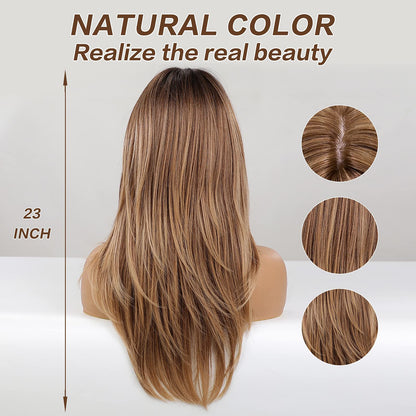 HAIRCUBE Long Wigs for Women, Ombre Brown to Blonde Synthetic Layered Hair Wig with Dark Roots