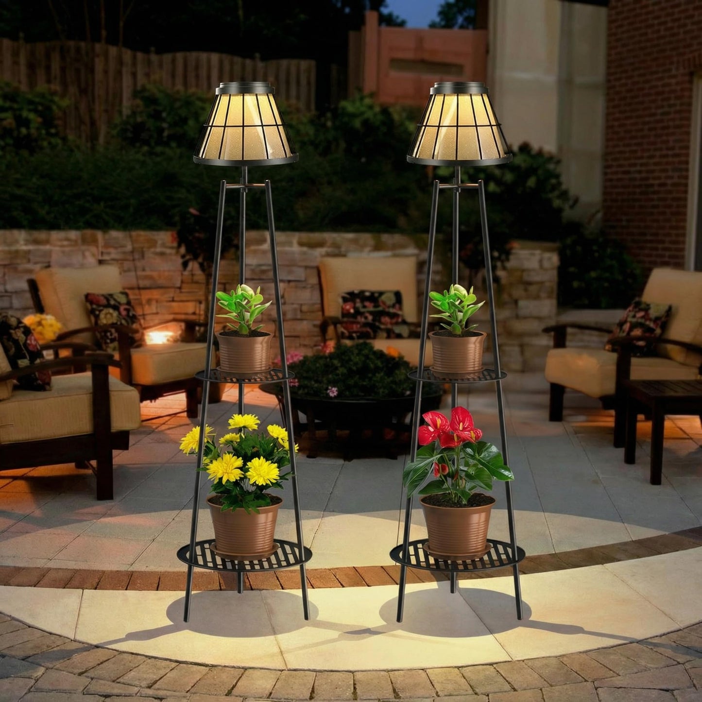 Solgicar 2 Pack Solar Lights with Plant Stands, 45.4'' Waterproof Outdoor Metal Solar Floor Lamps for Patio Deck Yard Pathway Porch Garden