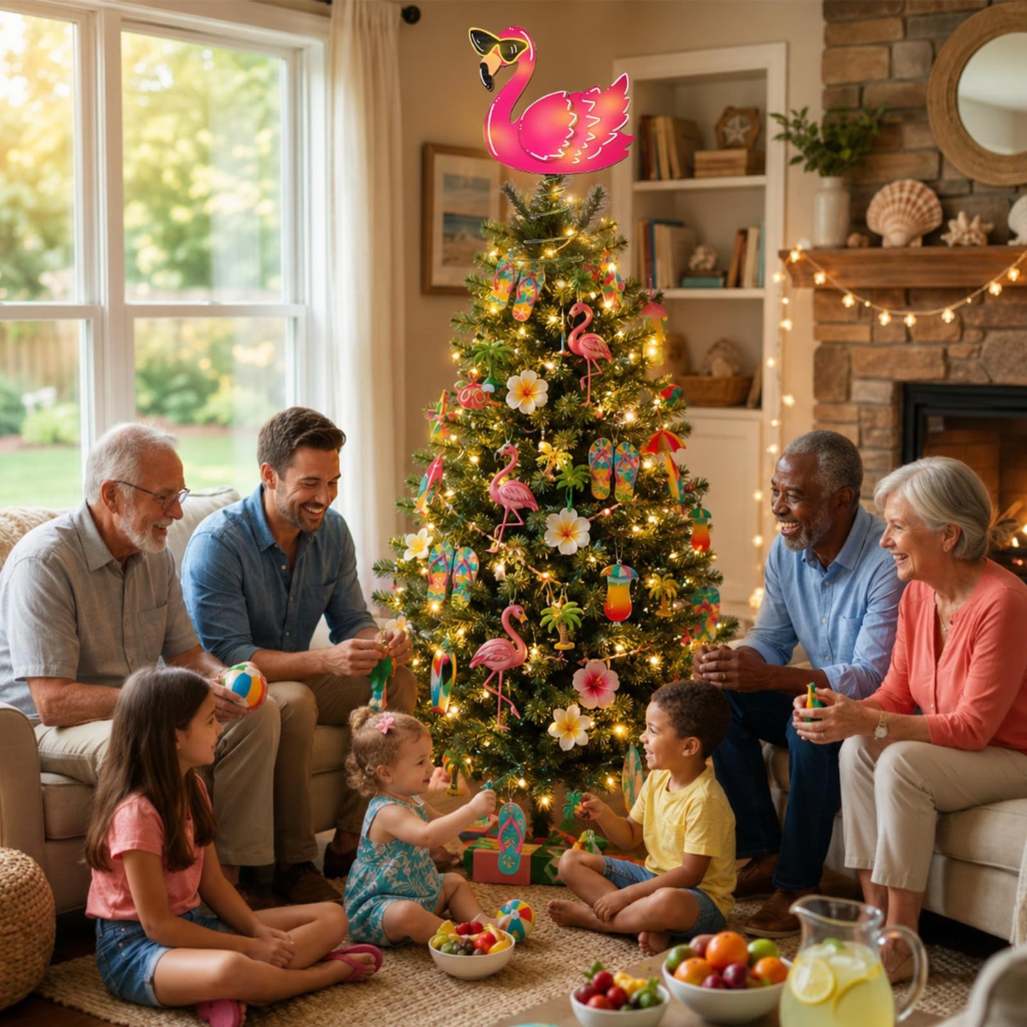APUDWN 10 x 7.7 Inch Pink Flamingo Tree Decorations with LED Lights, Wooden Summer Tree Topper for Tropical Pool Party Christmas in July Beach Theme Battery Powered Lighted Holiday Decor