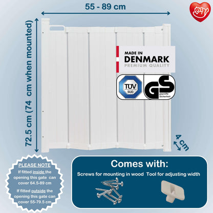 BabyDan - Guard Me Auto Retractable Stair Gate, 55-89 cm width, One-Hand Operation Safety Gate, Child and Pet Gate, White, Made in Denmark