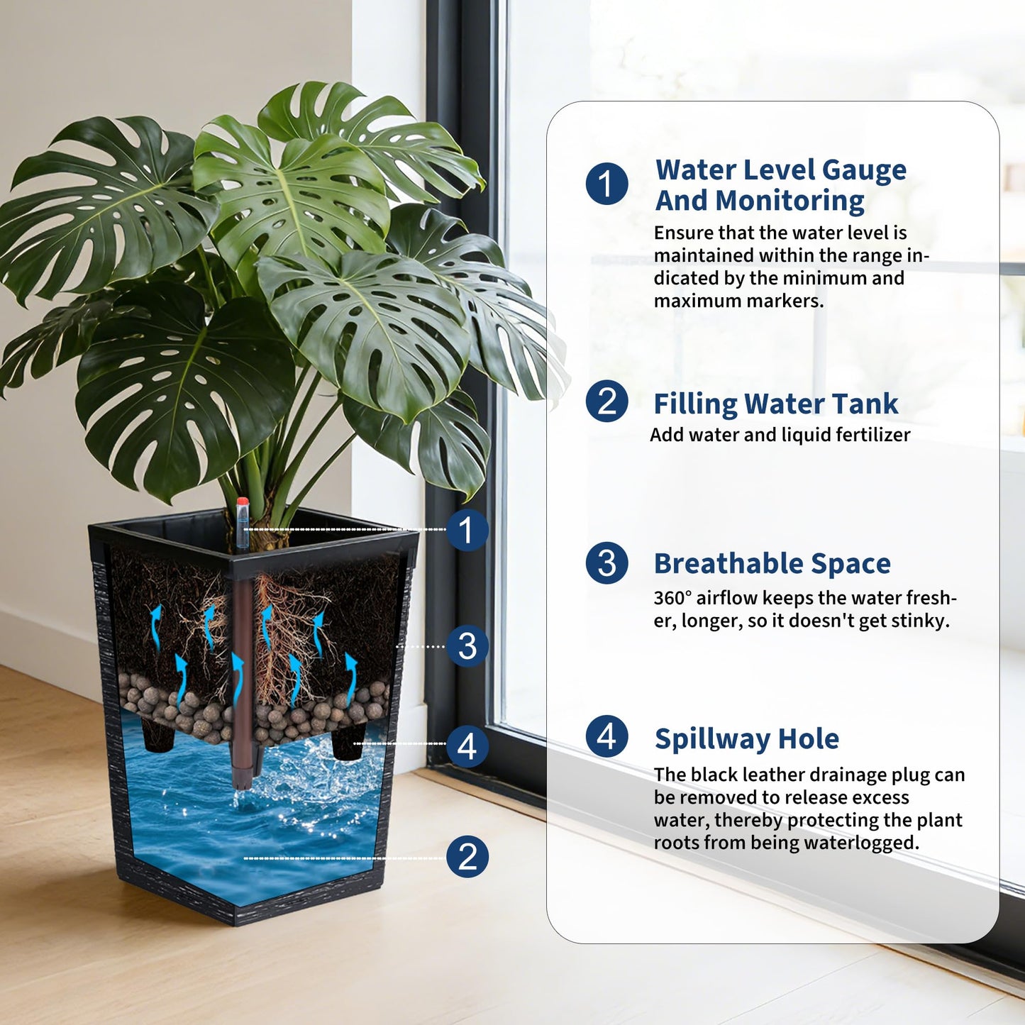 Garvee 16" Tall Planters Set of 2, Self Watering Tall Planters, Outdoor＆Indoor Planter Pots, High Front Porch Planters Pots with Drainage Holes＆Water Level Monitor, Black