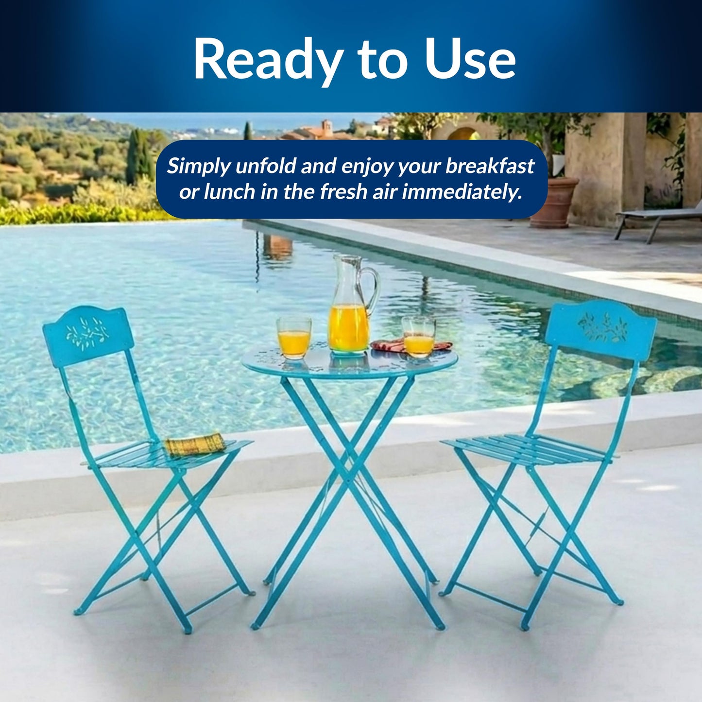 Alpine Corporation 3-Piece Bistro Set with Folding Table and 2 Chairs, Durable Steel Indoor/Outdoor Patio Furniture, Compact Seating, Blue