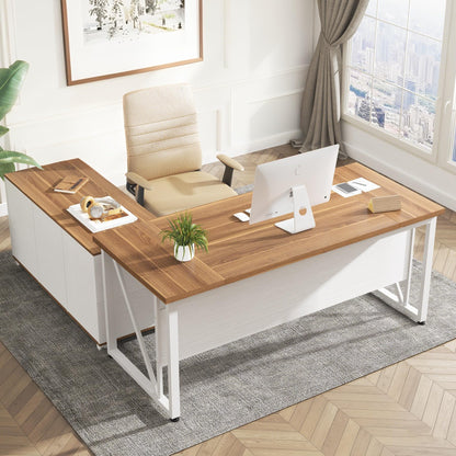 Tribesigns 63-Inch Executive Computer Desk with 47-Inch Lateral File Cabinet, Large Workstation Business Furniture, L Shaped Desk with Drawers and Storage Shelves for Home Office, Walnut & White