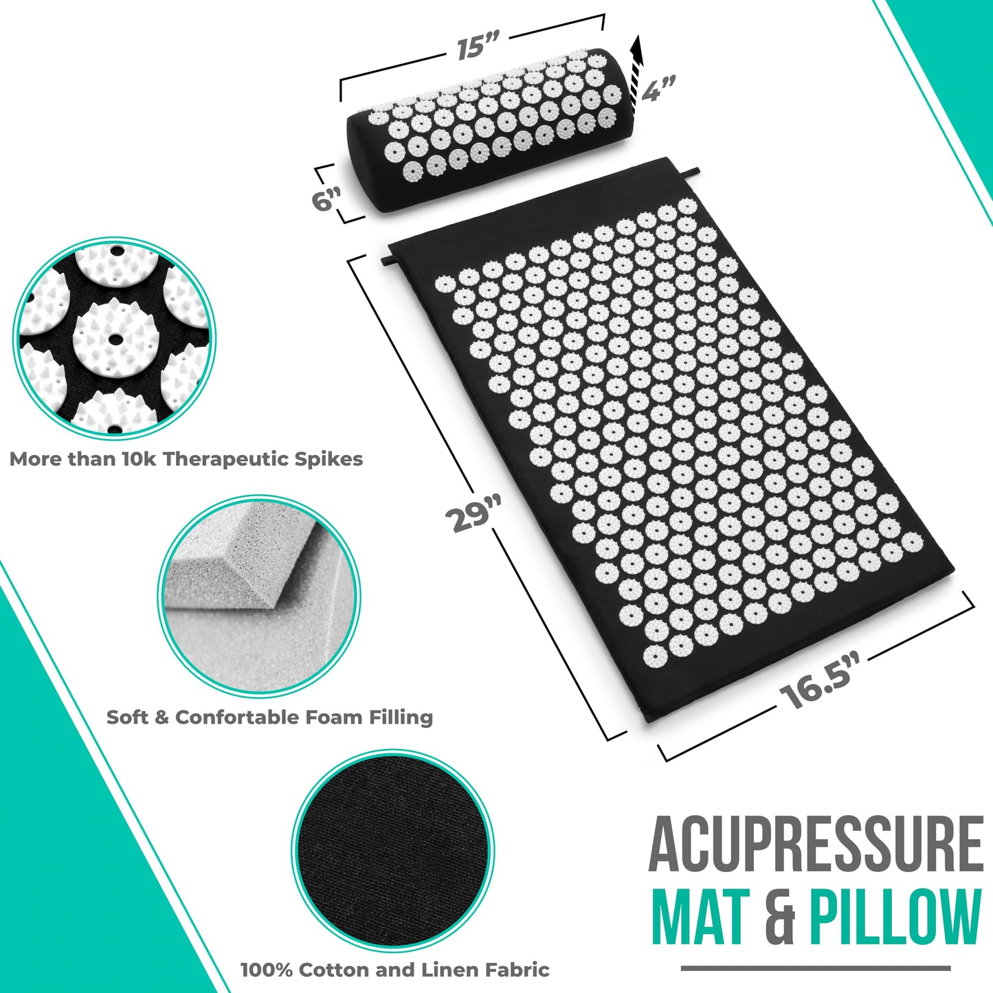 Sivan Back and Neck Pain Relief Acupressure Mat and Pillow Set, Chronic Back Pain Treatment - Relieves Your Stress of Lower Upper Back and Sciatic Pain - Black