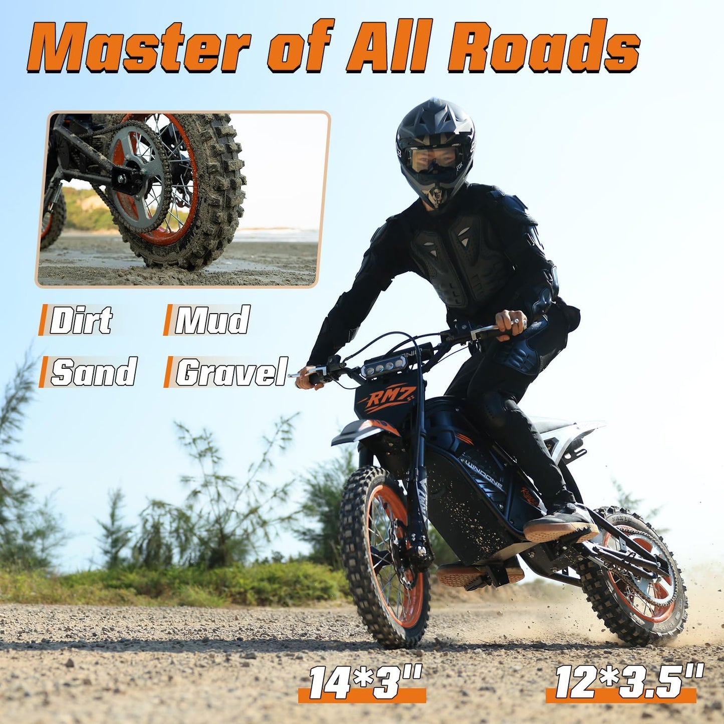 WindoneRide RM7 Electric Dirt Bike for Adults & Teens, 2200W Peak Ebike, 48V 22.4Ah, 36.9 MPH, 45 Miles, 14"/12" Tire Off-Road Electric Motorcycle, Dual Hydraulic Brakes, Fit Age 13+, Neon Green