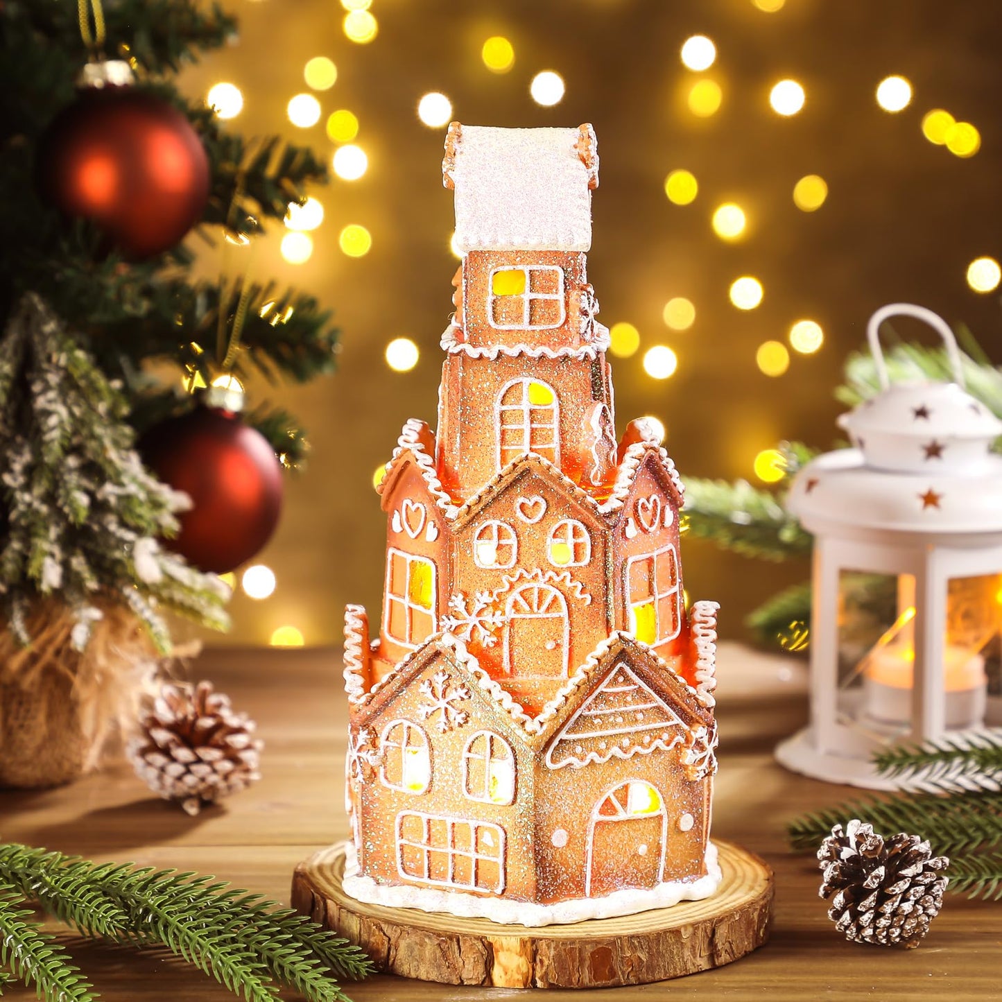 Beeveer LED Christmas Gingerbread House Decoration Resin Christmas Gingerbread Village Sets Xmas Village Collectible Figurines Home Decor Gifts 5 x 5 x 8.25 Inch