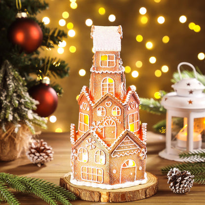 Beeveer LED Christmas Gingerbread House Decoration Resin Christmas Gingerbread Village Sets Xmas Village Collectible Figurines Home Decor Gifts 5 x 5 x 8.25 Inch