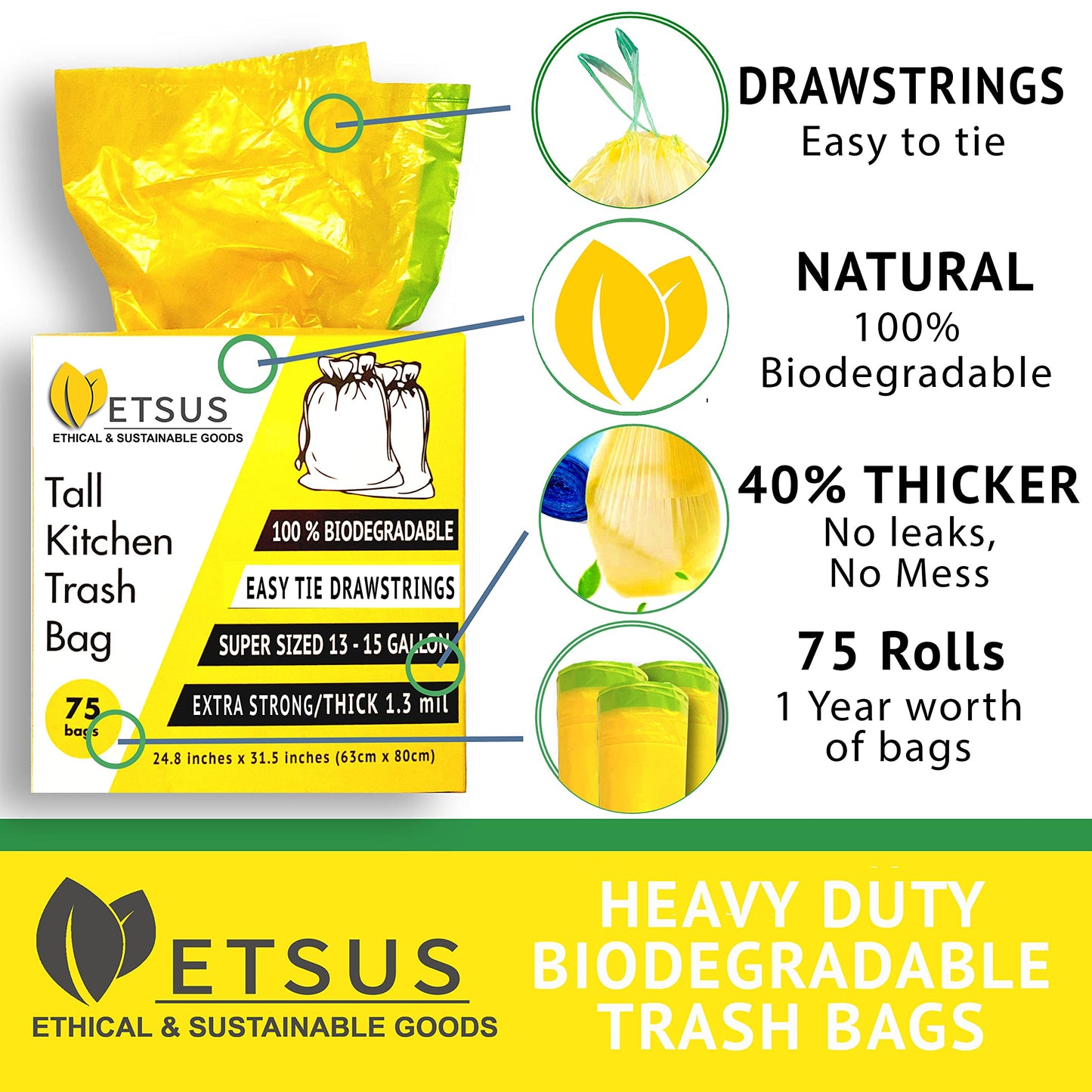 13 Gallon Biodegradable Trash Bags with Drawstrings, 75 Count Plant Based, Code Q Tall Kitchen Compost Bags 50 Liter Bin - Green Garbage Liners - 1.3 mil Thick Heavy Duty and Eco Friendly Trash Bags