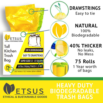 13 Gallon Biodegradable Trash Bags with Drawstrings, 75 Count Plant Based, Code Q Tall Kitchen Compost Bags 50 Liter Bin - Green Garbage Liners - 1.3 mil Thick Heavy Duty and Eco Friendly Trash Bags