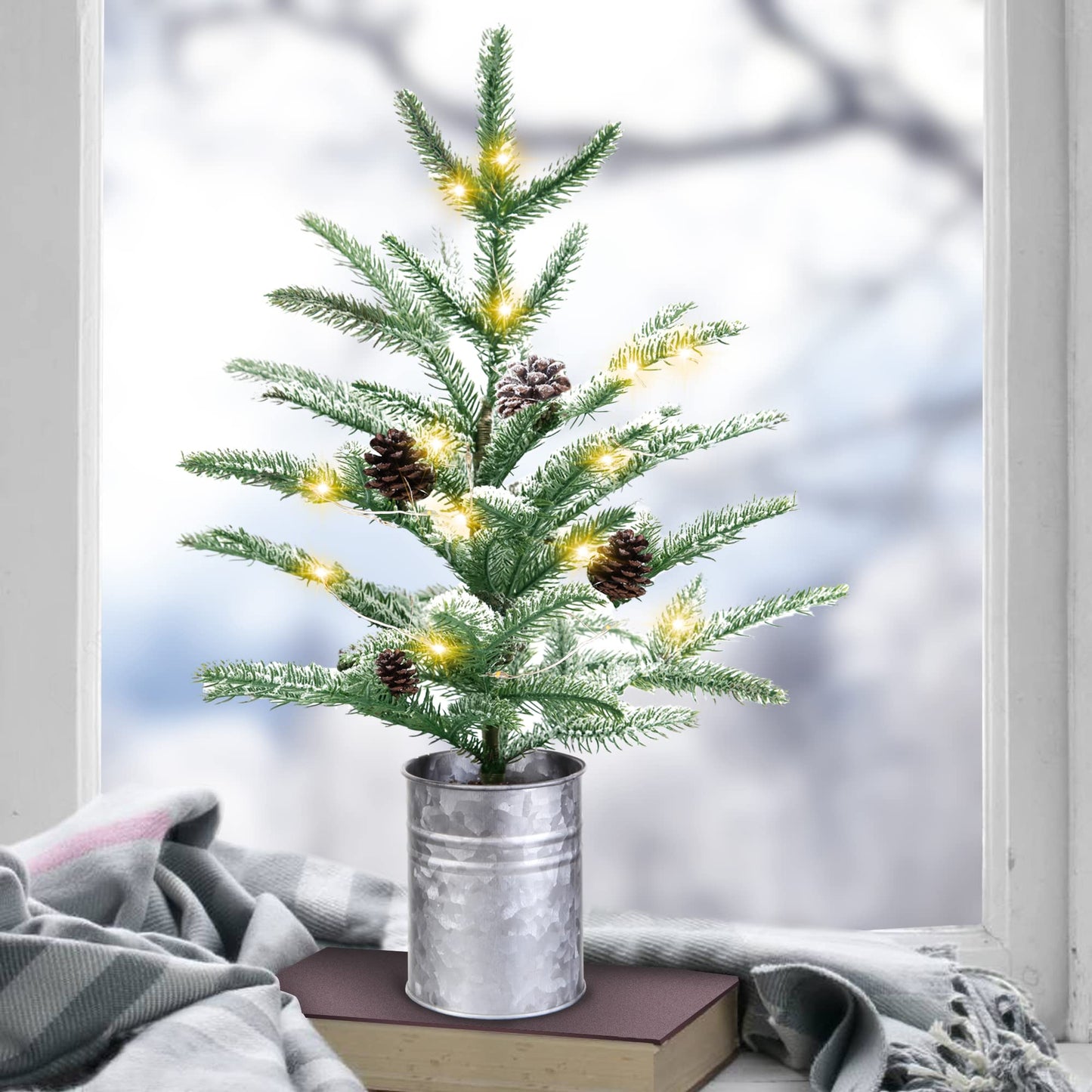 Small Christmas Tree 24 inch Mini Christmas Tree Pre-lit with 60 Lights Rustic Style Tabletop Tree 2 ft