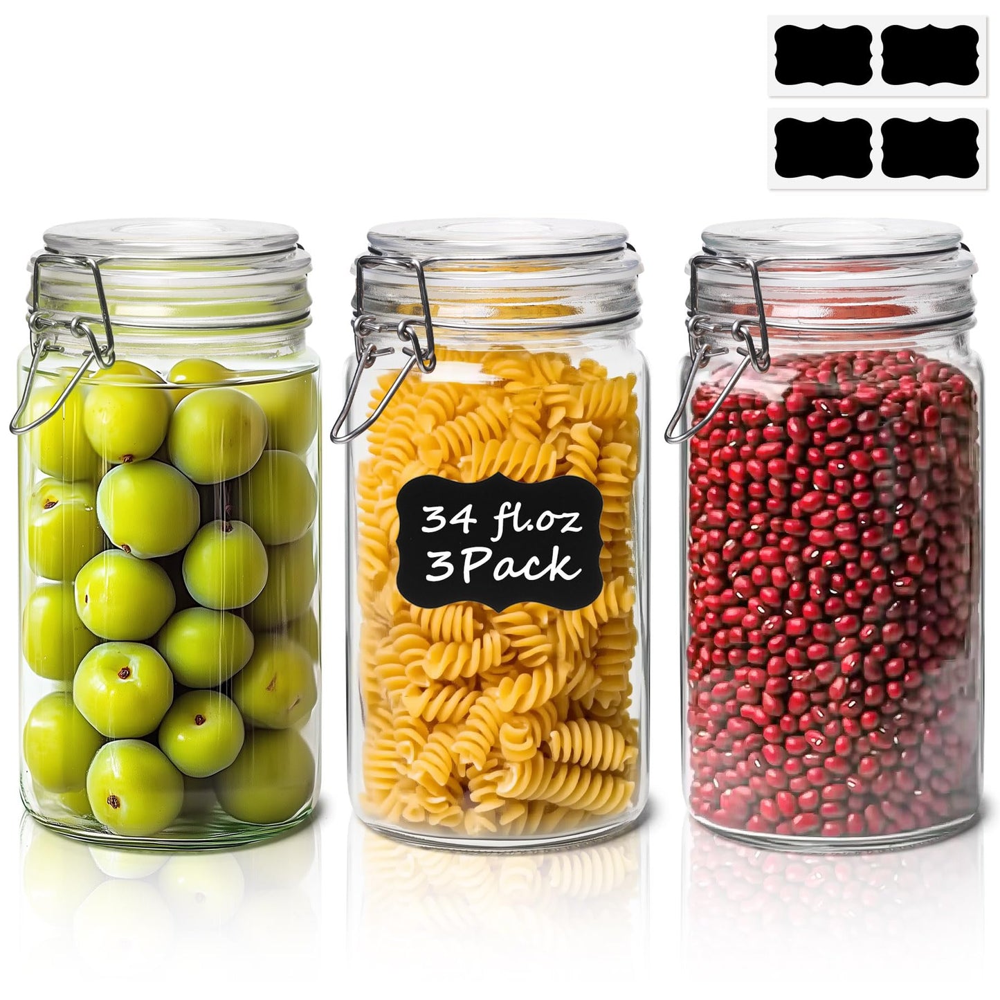 ComSaf 1 Quart Glass Jars with Airtight Lids (32oz, Set of 3), Straight-Sided Canisters for Sourdough Starter & Fermenting, 1L Hermetic Pantry Storage for Flour, Sugar, and Coffee