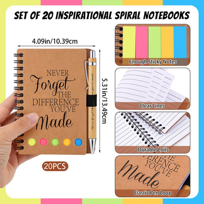 Czlotyh 20 Sets Employee Appreciation Gifts Encouragement Inspirational Spiral Notebooks with Sticky Notes Notepads Thank You Bamboo Ballpoint Pens for Nurse Coworker Teacher (NEVER FORGET)