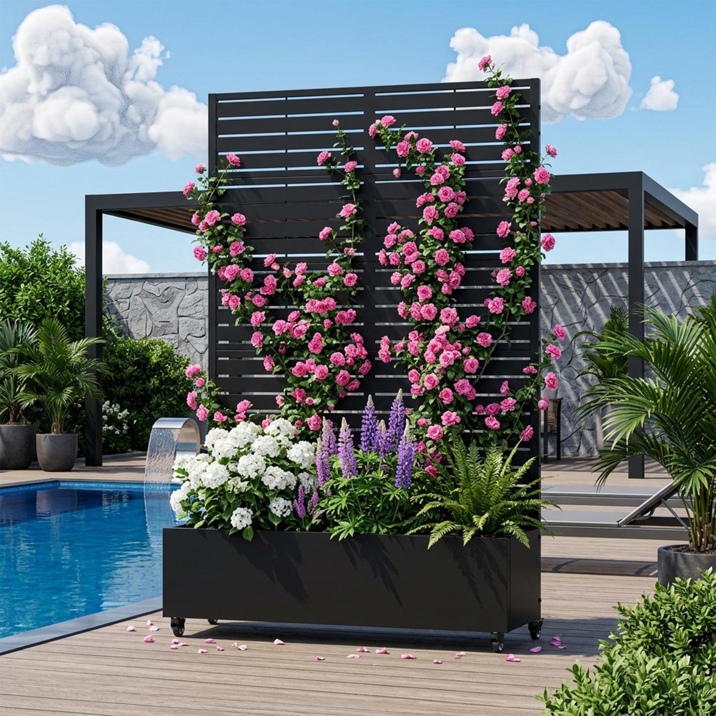 Wooakway 72" Raised Garden Bed with Trellis and Wheels, 52 Gal Metal Planter Box Privacy Screen for Outdoor Patio, Balcony and Backyard, Mobile Vertical Planter for Climbing Plants, Vines, Ivy, Black