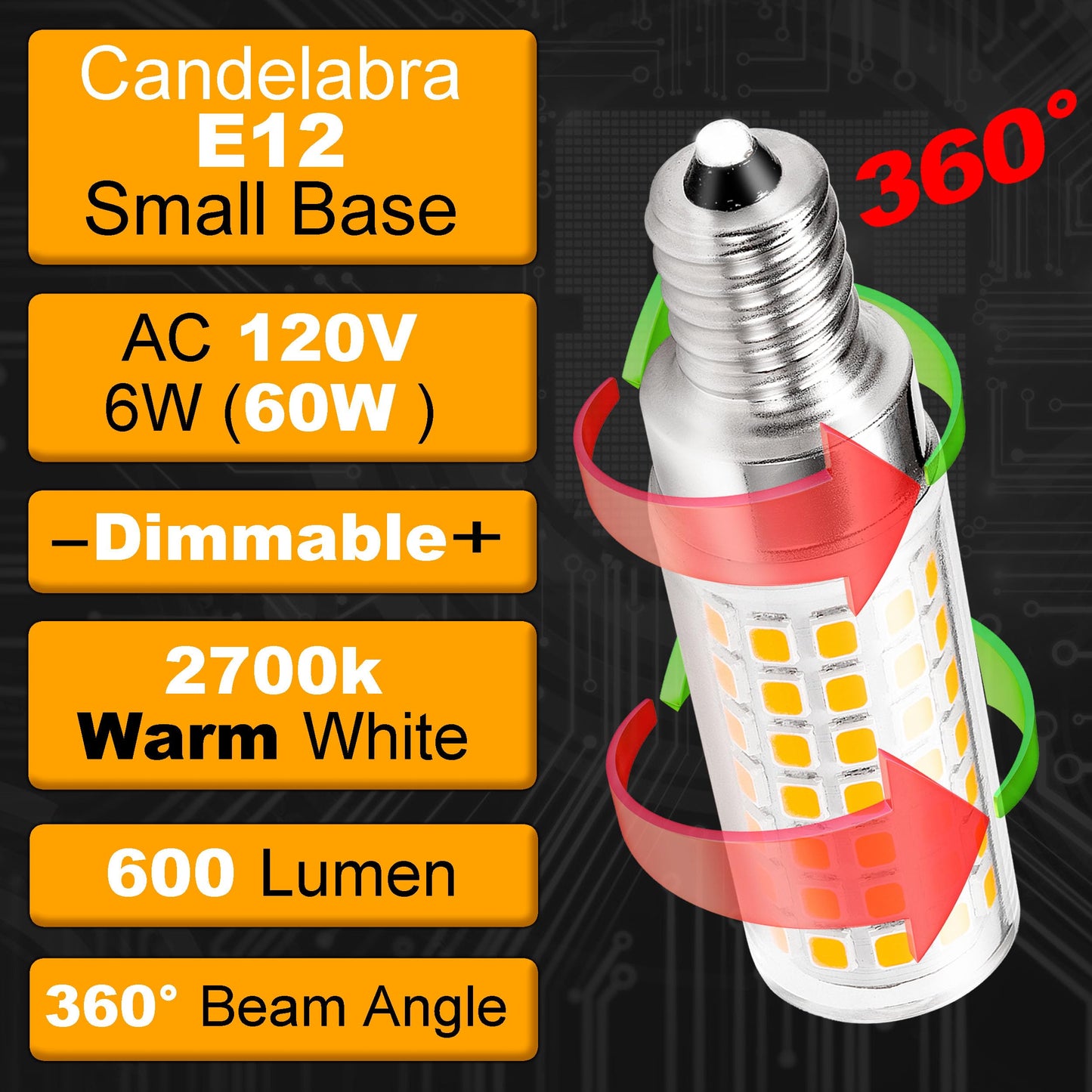 Hylroe E12 Dimmable 6 Watt LED Light Bulb AC120V 600lm Warm White 2700K 60 Watt Halogen Equivalent T6 C7 Candelabra E12 Small Base for Ceiling Fan Chandelier Pendant Wall Sconces Salt Lamp, 4 Pack