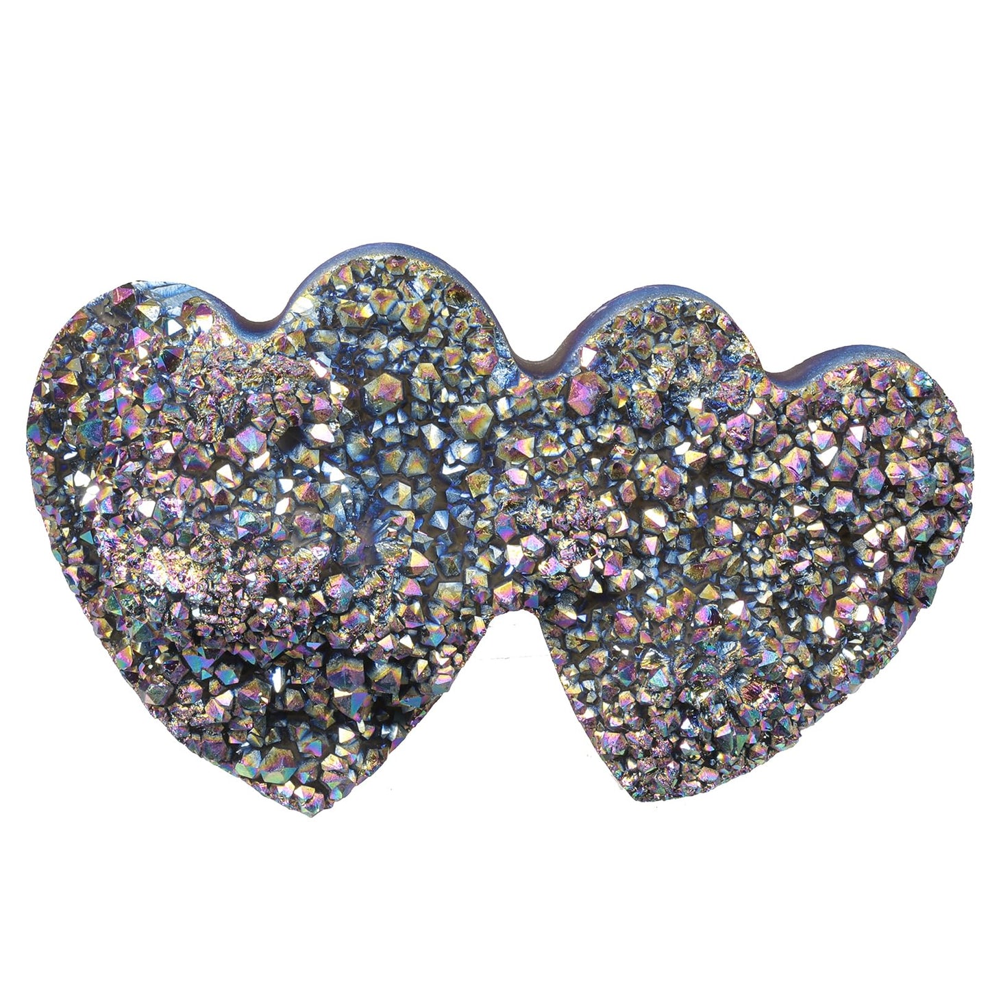 Rockcloud Double Heart Shape Titanium Coated Crystal Quartz, Natural Cluster Druzy Geode Figurine Mineral Specimen for Home Office Wedding Decor, Rainbow