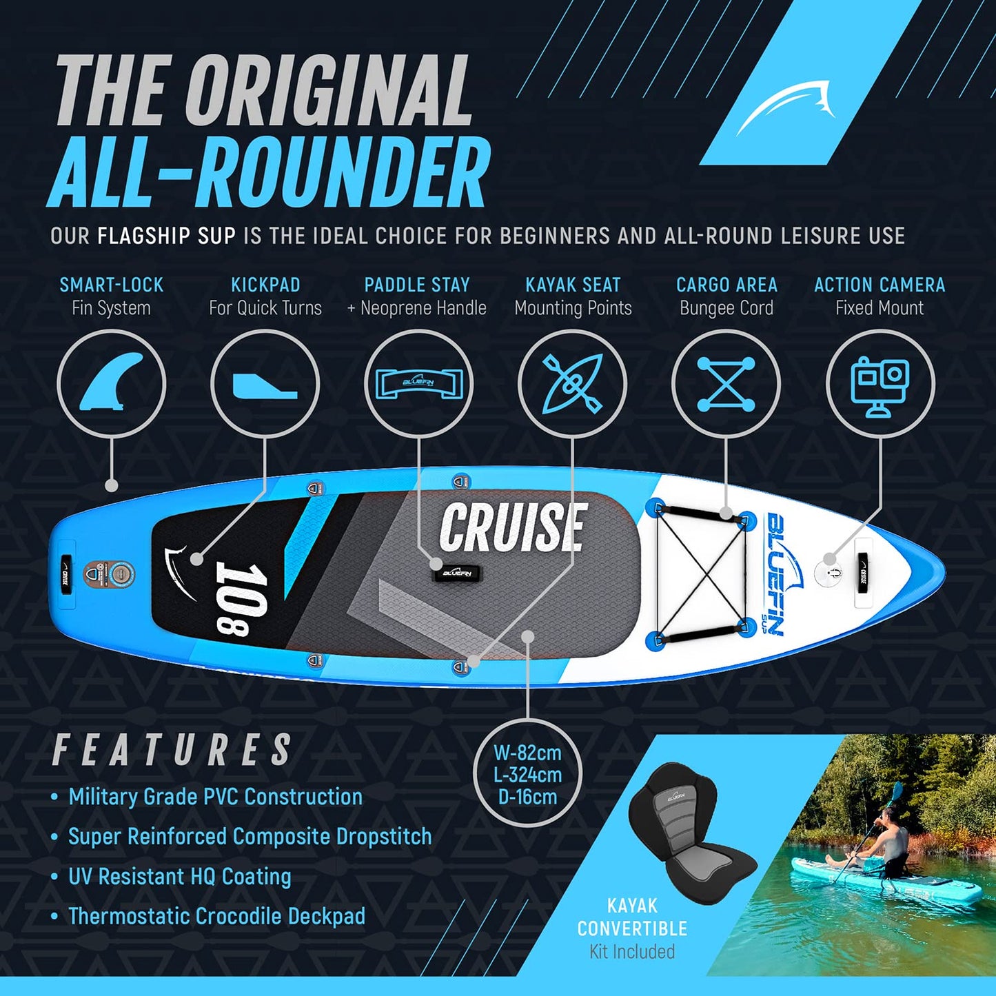 Bluefin SUP 10'8'' Inflatable Stand Up Paddle Board, Blue, Including Accessories & 5 Year Warranty